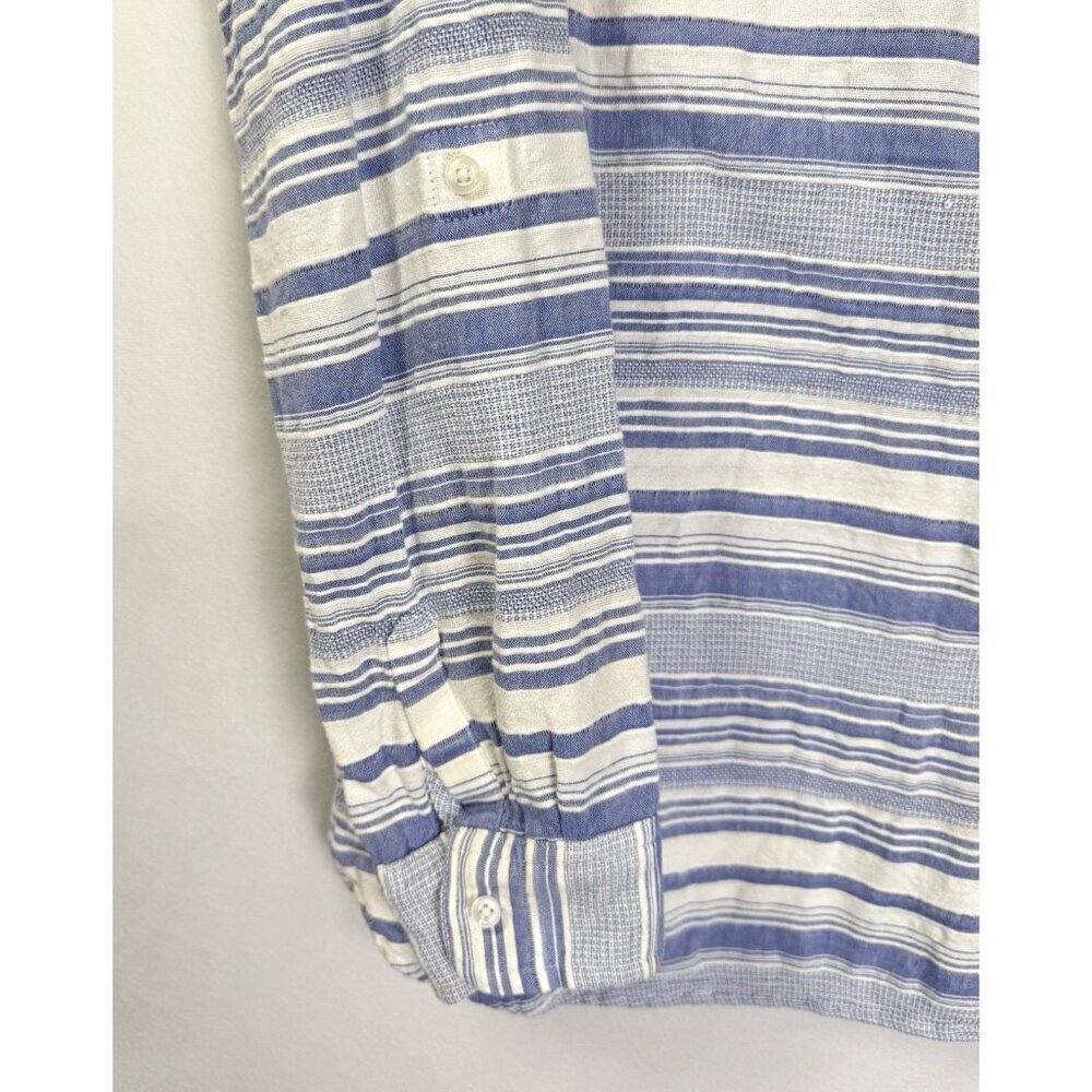 Talbots Roll Tab Sleeve Top Womens Small Blue White Stripe Collared Cotton EUC - Picture 2 of 8